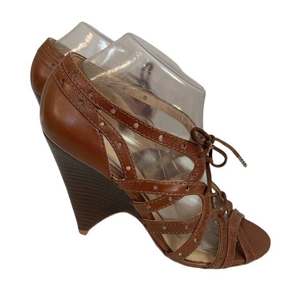 Y2K LAMB Lace Up Wedge Heels Brown Caged Leather Indie Lolita Boho Glam Open - Picture 1 of 12
